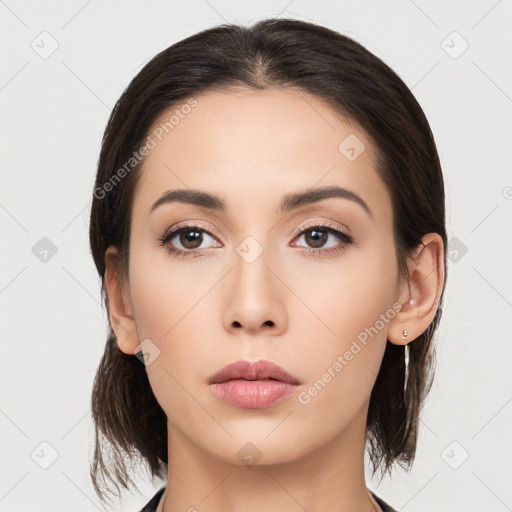 Neutral asian young-adult female with medium  brown hair and brown eyes