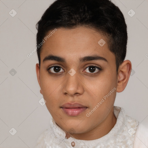 Neutral latino young-adult male with short  black hair and brown eyes