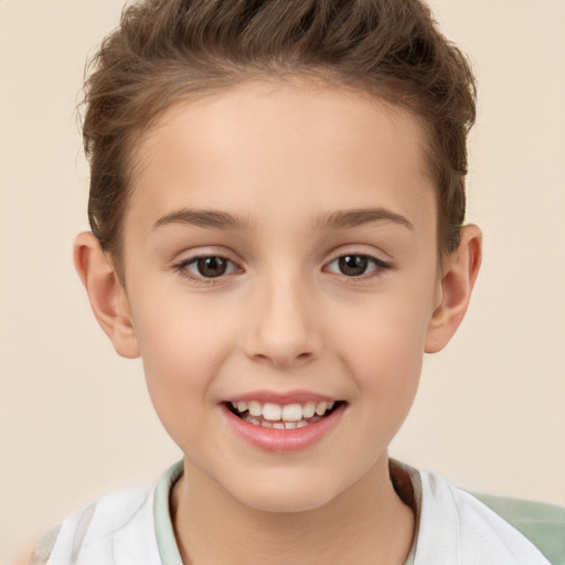 Joyful white child female with short  brown hair and brown eyes