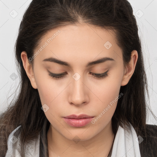 Neutral white young-adult female with long  brown hair and brown eyes