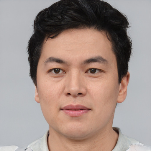 Neutral asian young-adult male with short  brown hair and brown eyes