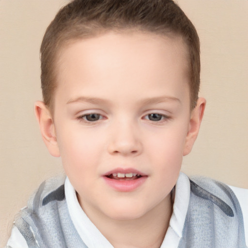 Joyful white child female with short  brown hair and brown eyes