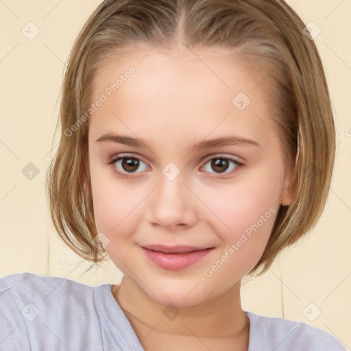 Joyful white child female with medium  brown hair and brown eyes