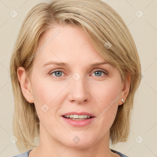 Joyful white young-adult female with medium  brown hair and blue eyes