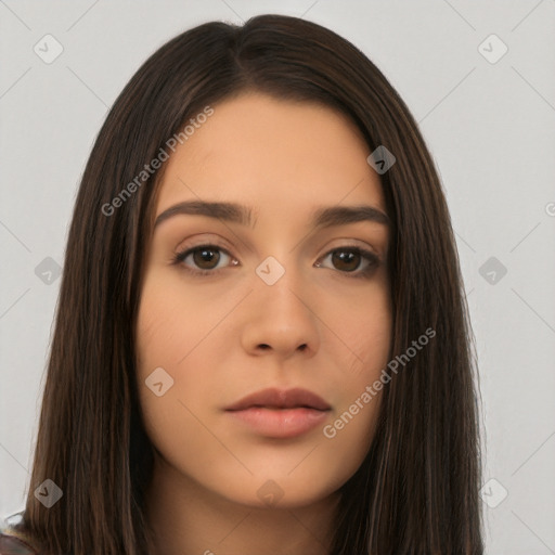 Neutral white young-adult female with long  brown hair and brown eyes