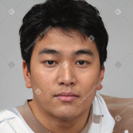 Neutral asian young-adult male with short  brown hair and brown eyes