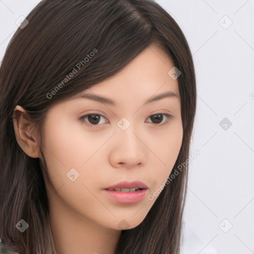 Neutral asian young-adult female with long  brown hair and brown eyes