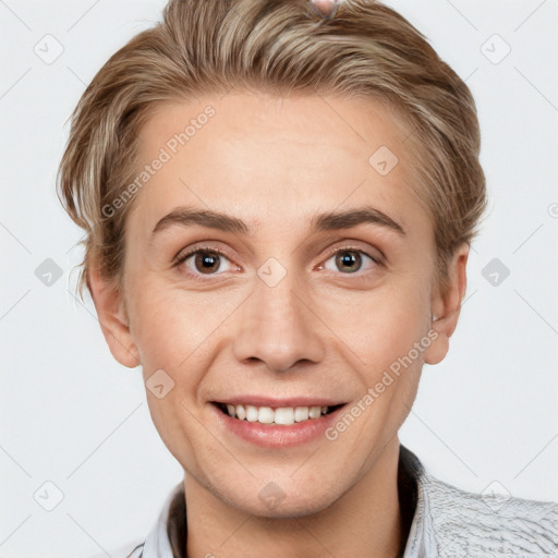 Joyful white young-adult female with short  brown hair and grey eyes