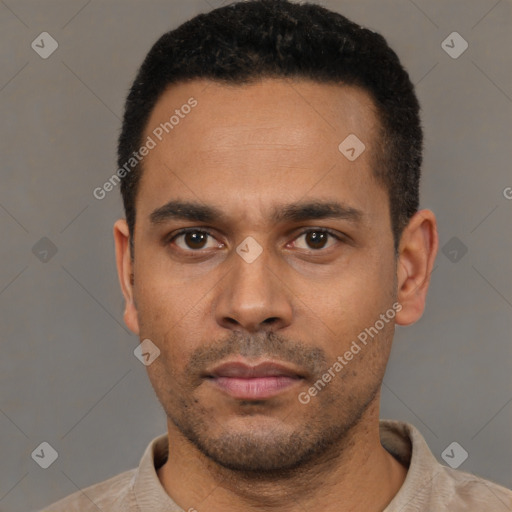 Neutral white young-adult male with short  black hair and brown eyes