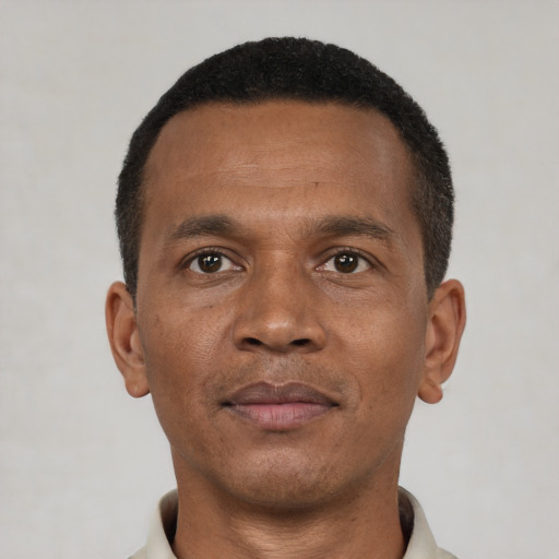Neutral black young-adult male with short  black hair and brown eyes