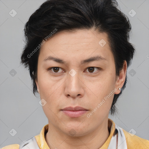 Neutral asian adult female with short  brown hair and brown eyes