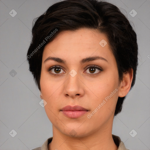 Neutral white young-adult female with medium  brown hair and brown eyes