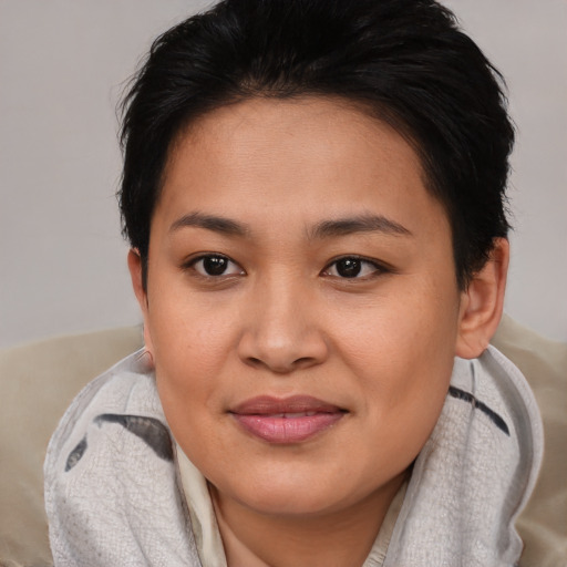 Joyful asian young-adult female with short  brown hair and brown eyes