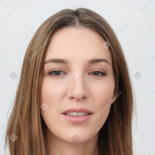 Neutral white young-adult female with long  brown hair and brown eyes