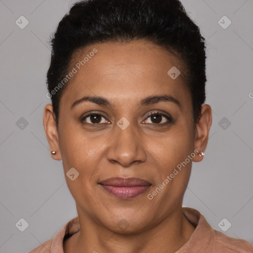 Joyful latino young-adult female with short  brown hair and brown eyes