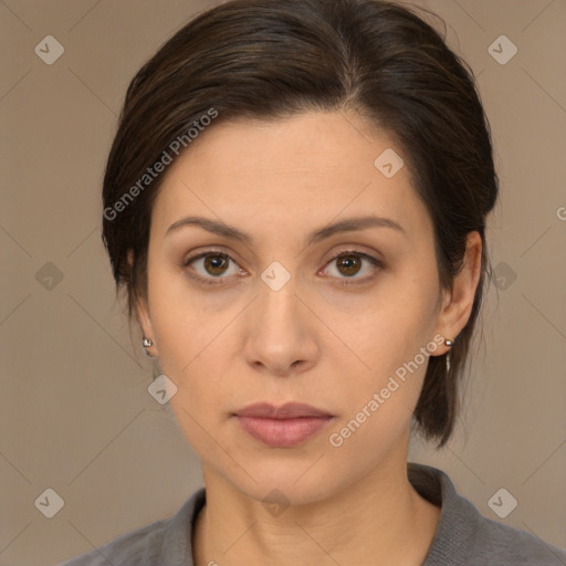 Neutral white young-adult female with medium  brown hair and brown eyes