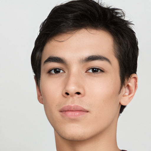 Neutral asian young-adult male with short  brown hair and brown eyes