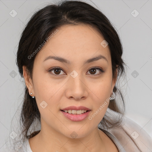 Joyful white young-adult female with medium  brown hair and brown eyes