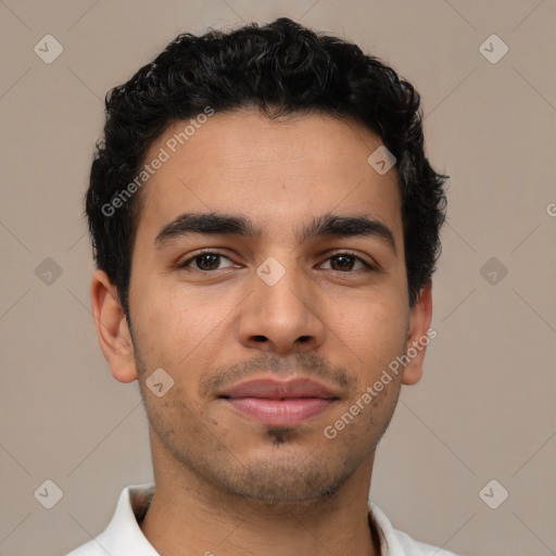 Neutral latino young-adult male with short  brown hair and brown eyes