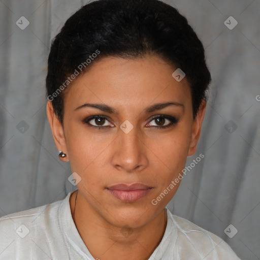 Neutral latino young-adult female with short  brown hair and brown eyes