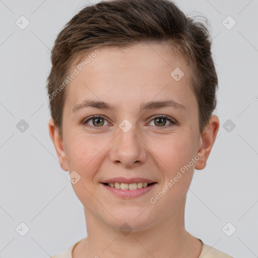 Joyful white young-adult female with short  brown hair and grey eyes