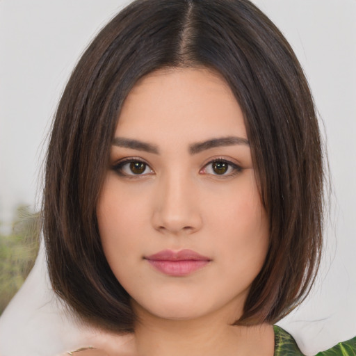 Neutral asian young-adult female with medium  brown hair and brown eyes