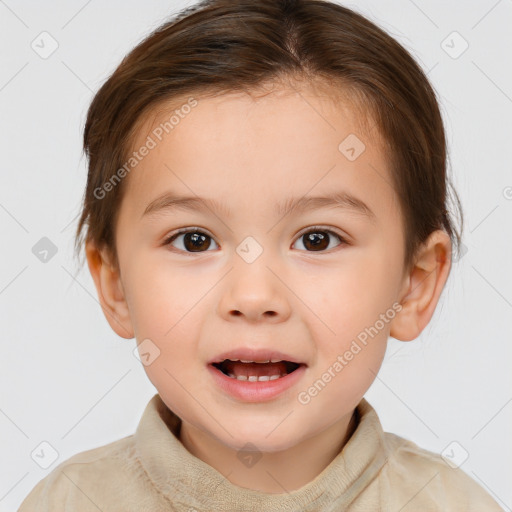 Joyful white child female with short  brown hair and brown eyes