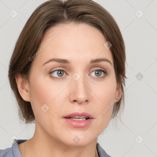 Neutral white young-adult female with medium  brown hair and blue eyes