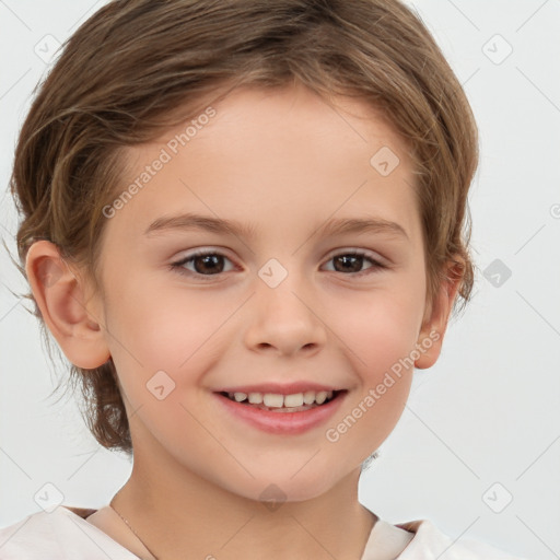 Joyful white child female with medium  brown hair and brown eyes