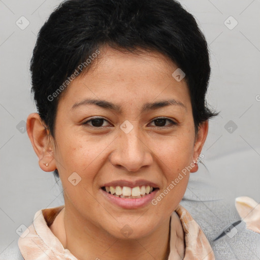 Joyful white young-adult female with short  brown hair and brown eyes