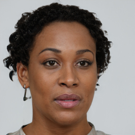 Neutral black adult female with short  brown hair and brown eyes