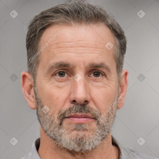 Neutral white middle-aged male with short  brown hair and brown eyes