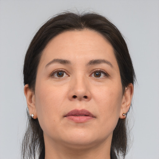 Neutral white young-adult female with medium  brown hair and brown eyes