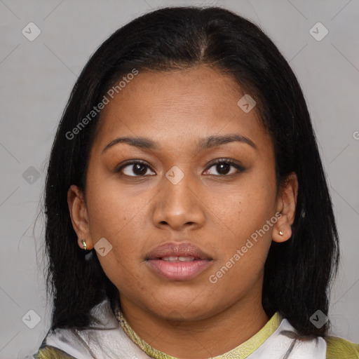 Neutral asian young-adult female with medium  brown hair and brown eyes