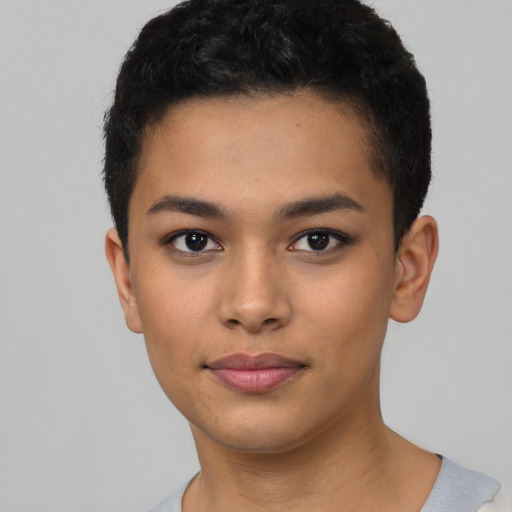 Neutral latino young-adult female with short  black hair and brown eyes