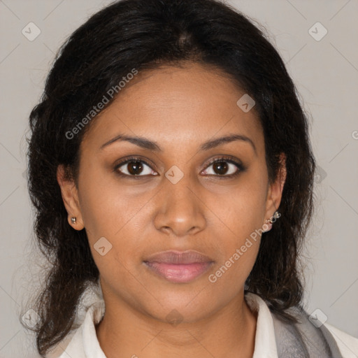 Neutral latino young-adult female with medium  brown hair and brown eyes