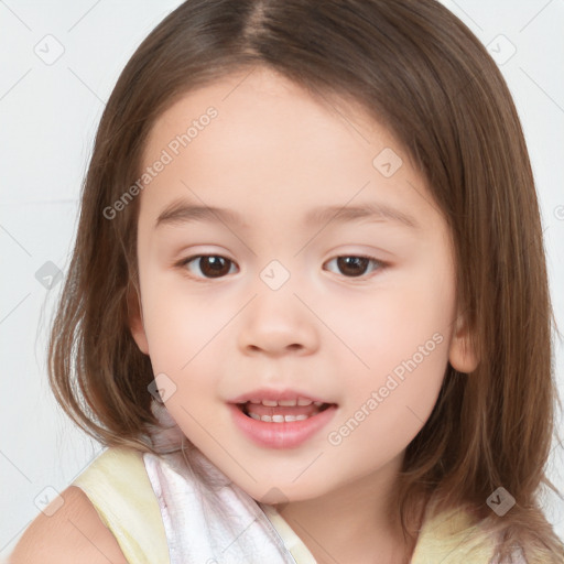 Joyful white child female with medium  brown hair and brown eyes