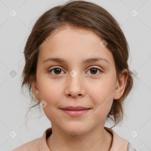 Joyful white child female with medium  brown hair and brown eyes