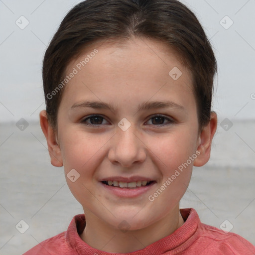 Joyful white child female with short  brown hair and brown eyes