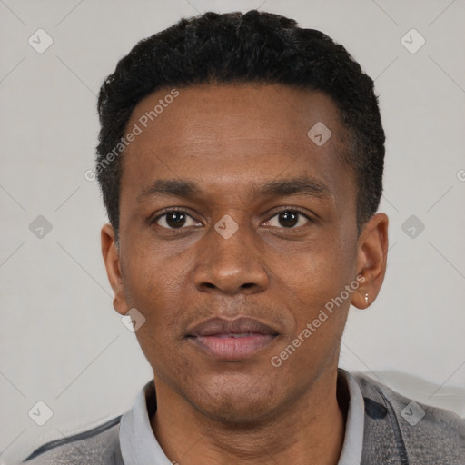 Neutral black adult male with short  black hair and brown eyes