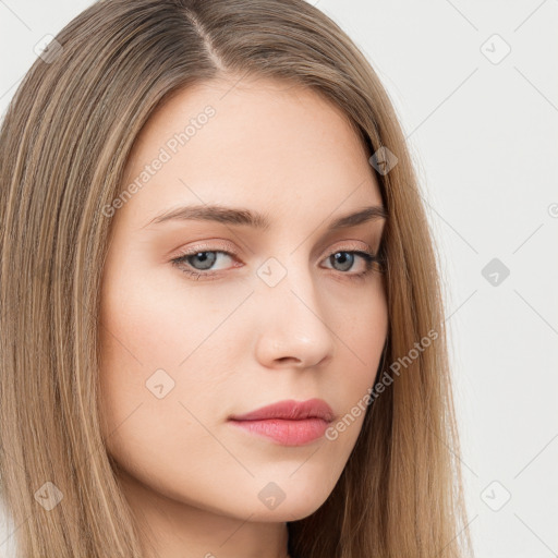 Neutral white young-adult female with long  brown hair and brown eyes