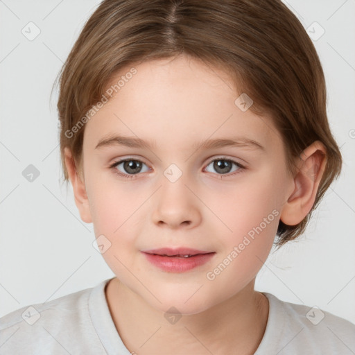 Joyful white child female with medium  brown hair and brown eyes