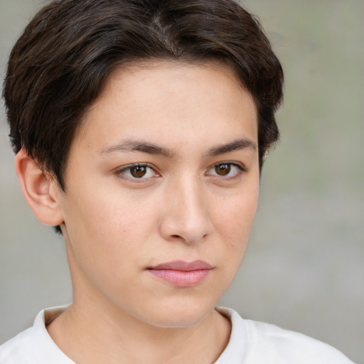 Neutral white young-adult female with short  brown hair and brown eyes