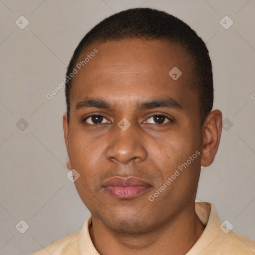 Neutral black young-adult male with short  black hair and brown eyes