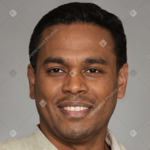 Joyful latino young-adult male with short  brown hair and brown eyes