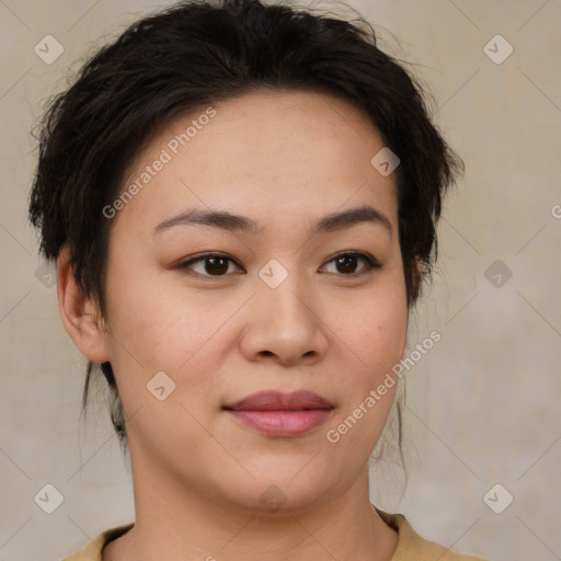 Joyful asian young-adult female with short  brown hair and brown eyes