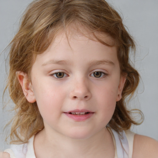 Neutral white child female with medium  brown hair and blue eyes