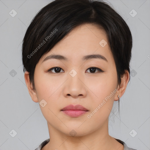 Neutral asian young-adult female with medium  black hair and brown eyes