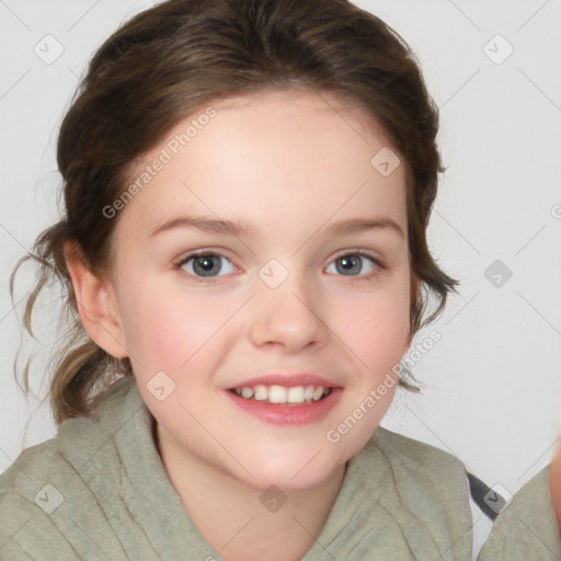 Joyful white child female with medium  brown hair and blue eyes