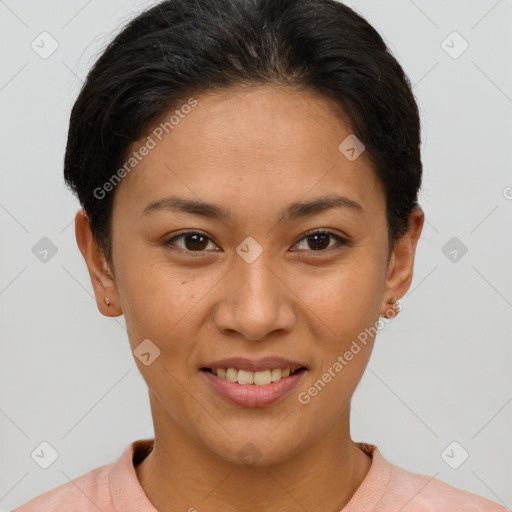 Joyful white young-adult female with short  brown hair and brown eyes